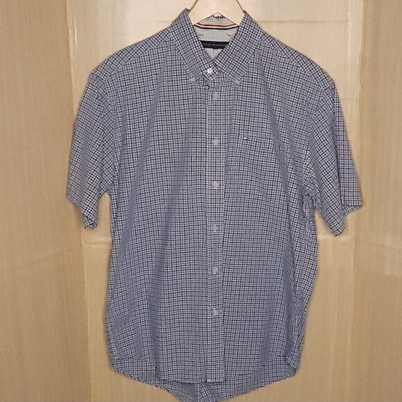 Tommy Hilfiger Blue White Check Short Sleeve Button Down - Picture 1 of 4